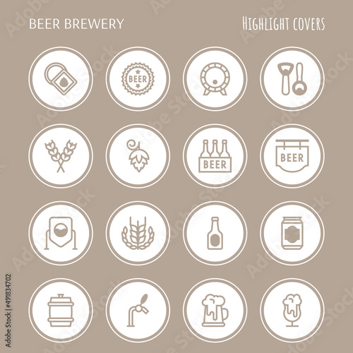 Beer brewery thin line icons set: manufacturing, craft, tap, mug, tulip pint, wheat, hop, bottle opener, barrel. Highlights for stories. Vector illustration for bar or restaurant.