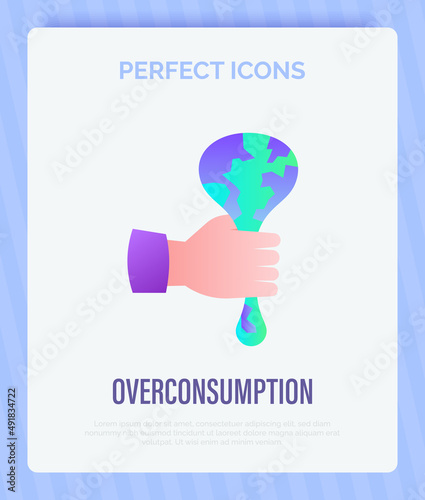 Overconsumption. Human hand squeezing planet. Gradient flat icon. Climate change, overpopulation, globalization, industrial damage. Vector illustration.