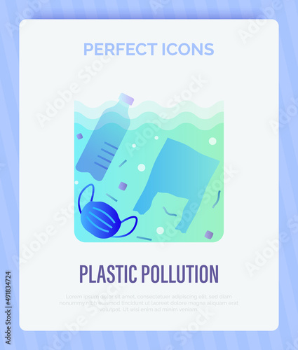 Plastic pollution. Plastic bottle, plastic bottle and medical mask in ocean or sea. Thin line icon. Overconsumption. Trash under water. Vector illustration.