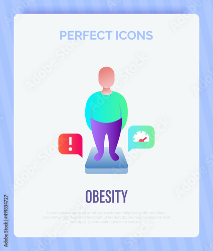 Obesity gradient flat icon. Man with excess weight on scales. Overeating, health problem. Overconsumption. Vector illustration.