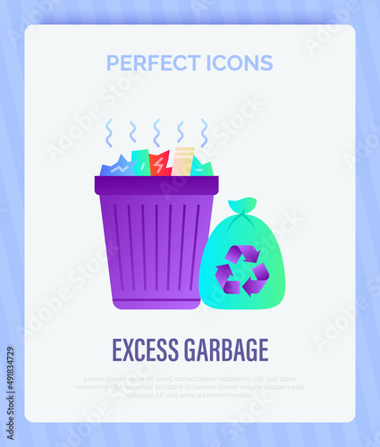 Overloaded trashcan with sign recycle gradient flat icon. Excess garbage, overconsumption. Vector illustration.