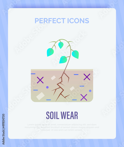 Soil wear gradient flat icon. Plant cannot grow in depleted soil. Soil erosion by industrial damage. Ecological problem. Overconsumption. Vector illustration.