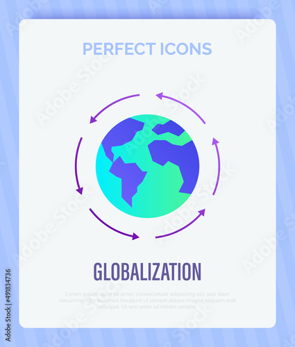 Globalization, arrows around the planet. Gradient flat icon. International business, worldwide distribution, logistic transportation. Overconsumption. Vector illustration.