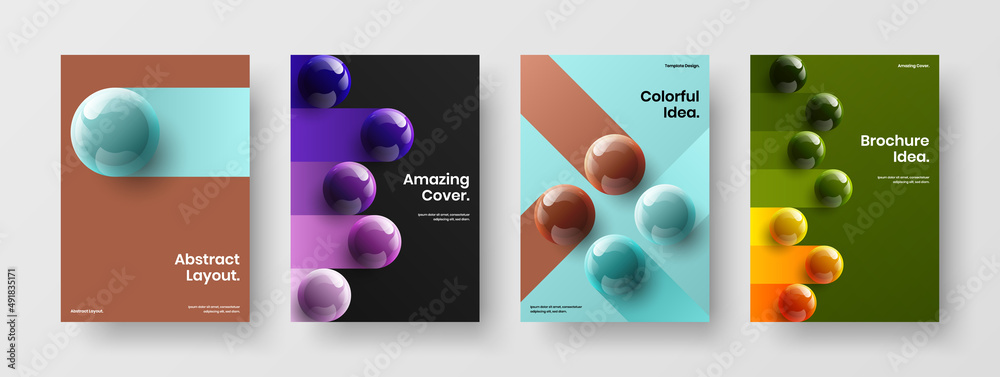 Fresh 3D spheres poster template bundle. Vivid company cover A4 vector design concept composition.