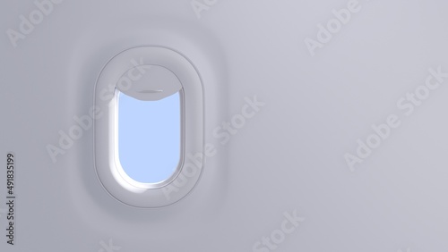 Airplane window, 3d render. Realistic aircraft porthole with open curtain and sky view, plane cabin interior in flight. Mockup illuminator of plastic and plexiglass for passenger safety. Travel banner