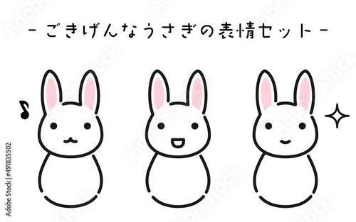 シンプルな線画、ご機嫌なうさぎの表情セット