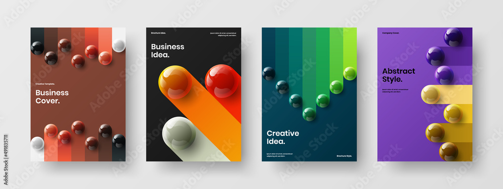 Creative journal cover A4 design vector concept bundle. Isolated 3D spheres corporate identity template collection.