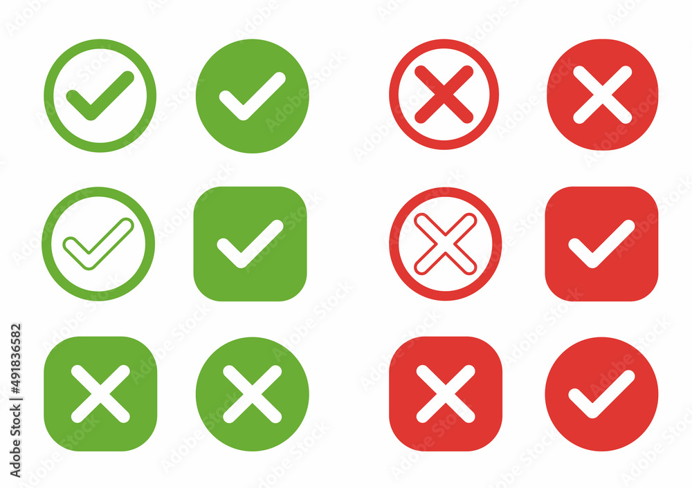 Green tick mark and red cross, vector icons Green tick mark and red cross, vector icons