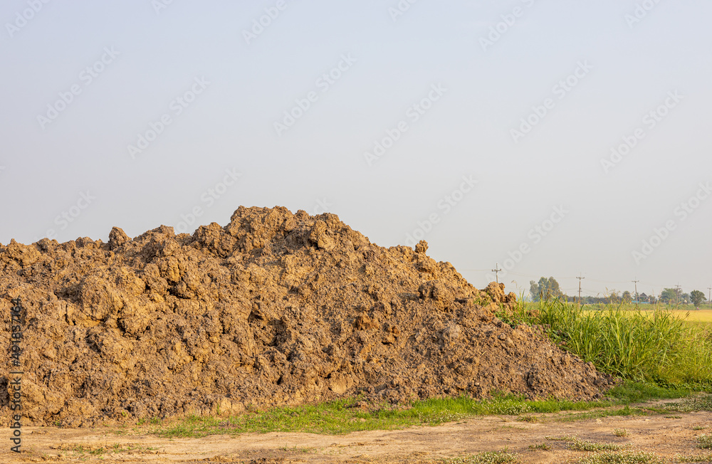 Fototapeta premium A hillside view of a large pile of soil with weeds growing close up on the ground.