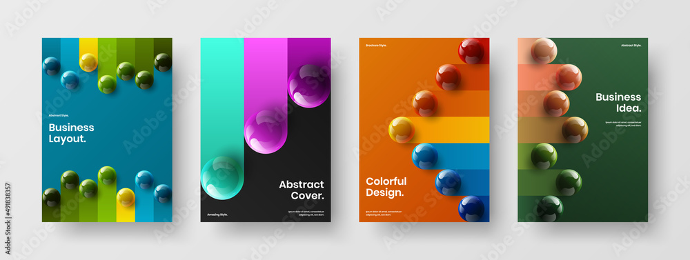 Fresh magazine cover A4 design vector template bundle. Geometric realistic spheres handbill illustration collection.