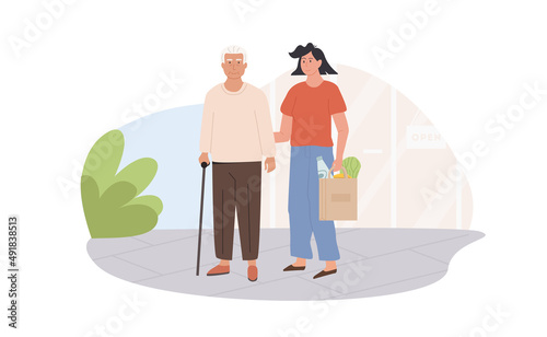 Female caretaker and elderly man doing shopping. Scene of volunteer with senior person helping to buy groceries. Social worker helping grandpa. Nursing retirement home services. Vector illustration.