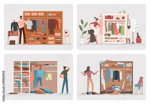 Wardrobe with clothes and people set vector illustration. Cartoon woman man characters organize shirts, dresses and shoes in open home closet, choosing clothing. Dressing room organization concept