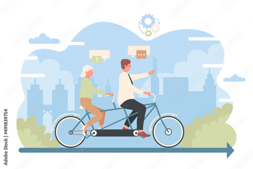 Business people riding tandem bicycle together vector illustration. Cartoon group of man and woman training on bike race. Partnership, entrepreneurship, work synchronization and teamwork concept