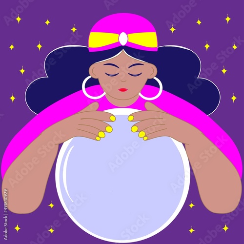 Color, flat illustration of a fortune teller or clairvoyant. A woman doing magic with a glass sphere or a crystal ball. Predicts the future.