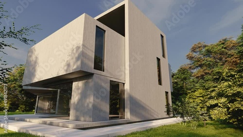 Upscale modern building with pool and garden