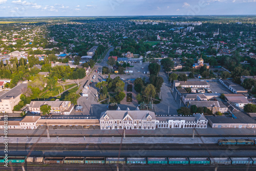 Krivoy Rog railway station from a drone. Trains. photo