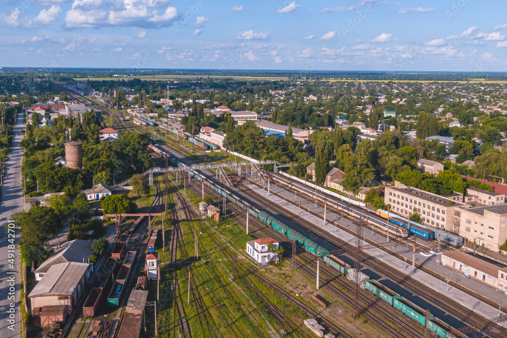 Krivoy Rog railway station from a drone. Trains. Krivoy Rog railway station from a drone. Trains.