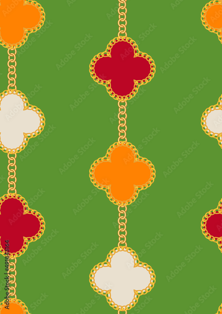 Fototapeta premium Abstract Golden Chains Floral Geometrics Seamless Pattern Trendy Chic Colors Elegant Decorated Concept