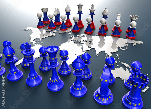 symbol of war and geopolitics in the world with chess pieces. photo