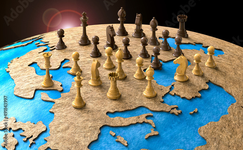 symbol of geopolitics in the world with chess pieces. 3D illustration photo