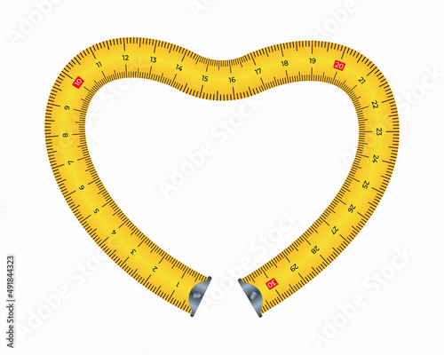 Vector illustration measure tape heart-shaped frame isolated on white background. Yellow measuring tape background in flat style. Measuring tool template. Valentine's day, dieting and fitness concept.