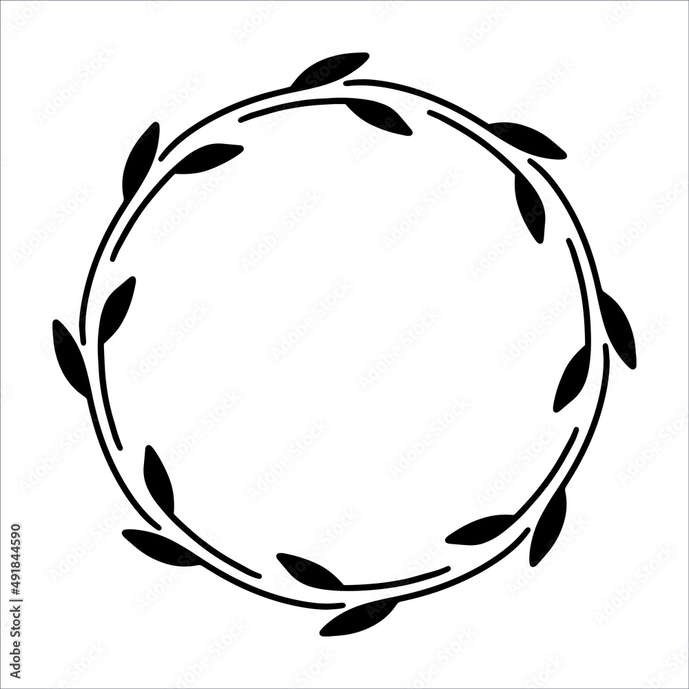 Obraz premium Vector hand drawn spring wreath isolated on white background. Silhouette circle of leaves. Doodle style. Floral monogram frame.