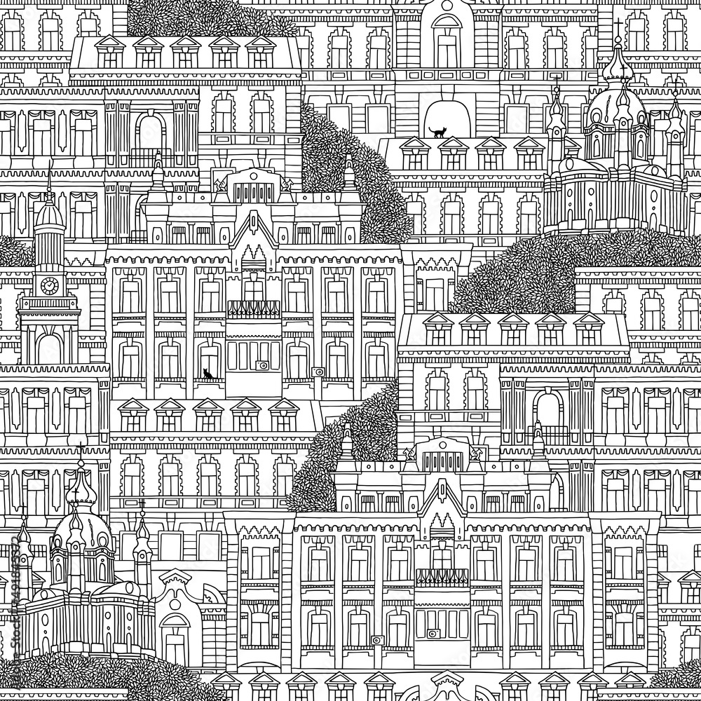 Hand drawn seamless pattern of historical Ukrainian houses and St. Andrew's church (Kyiv)
