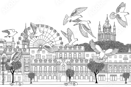 Peace doves flying over Kyiv, Ukraine. Ink illustration of Kyiv's skyline, with historical houses of the Podil neighbourhood, the ferris wheel at Kontraktova Square and St. Andrew's church photo