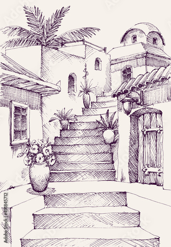 Mediterranean village hand drawing. Stairs going up between old buildings, flower pots and entrance gates