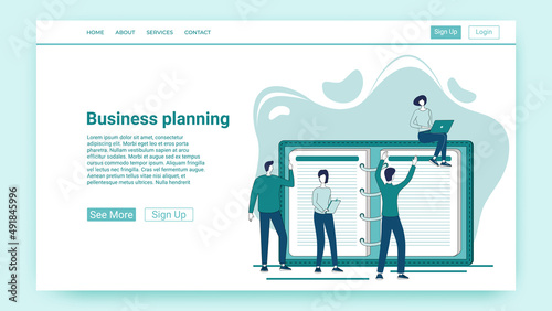 Business planning.People on the background of the diary distribute tasks.An illustration in the style of a green landing page.