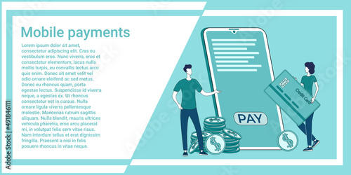 Mobile payments.People on the background of a phone and a credit card transfer funds.An illustration in the style of a green landing page.