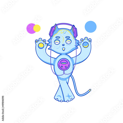 Vector blue and yellow cat listening to music and holding hands, paws up. Smiling colorful isolated kitten, kitty, pet with shut eyes and worn red headsets on, framed by three circles.