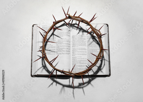Crown of thorns with Holy Bible on light background