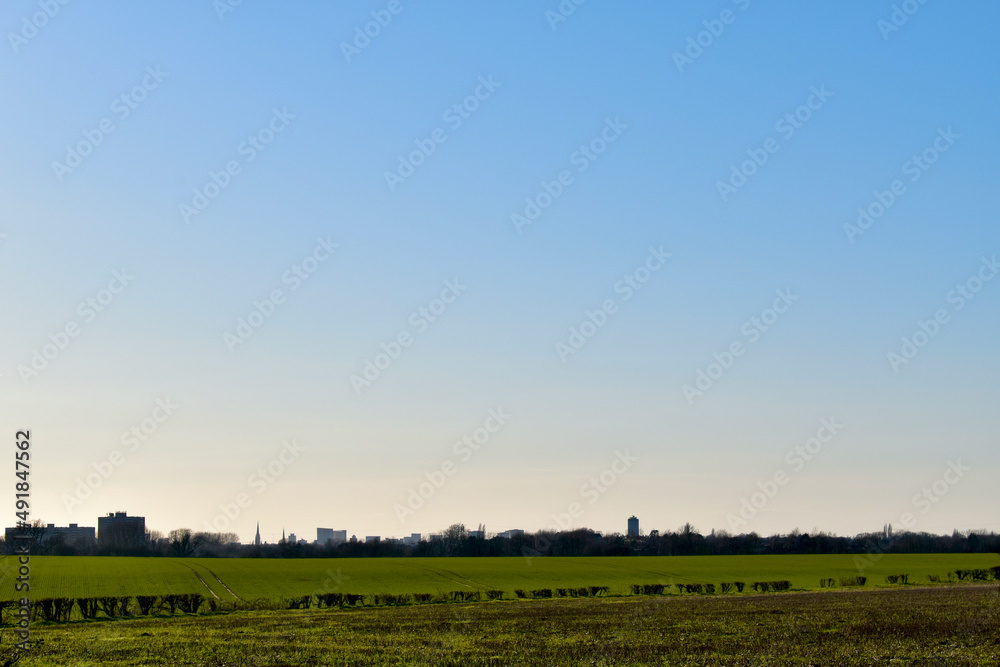 View of the field with buildings' silhouettes on the horizon at sunset, Coombe Abbey, Coventry, England, UK