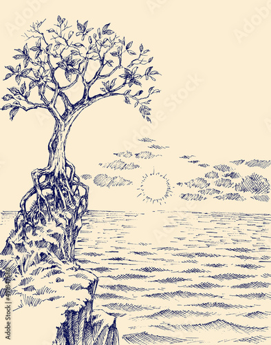 Obraz na płótnie Sea view at sunrise. A tree growing on rocky shore hand drawing