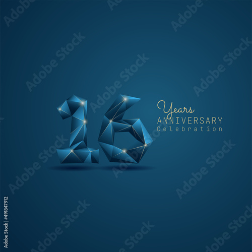 16 years anniversary logotype with blue low poly style. Vector Template Design Illustration.