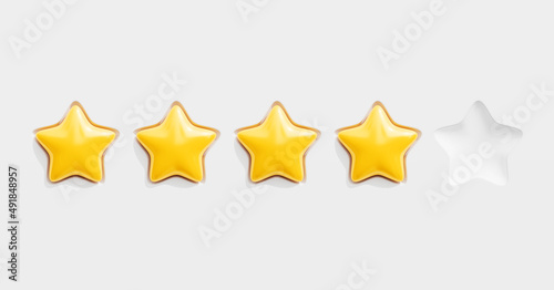 Five gold rating stars. Customer review or feedback concepts. Realistic vector illustration on light gray background