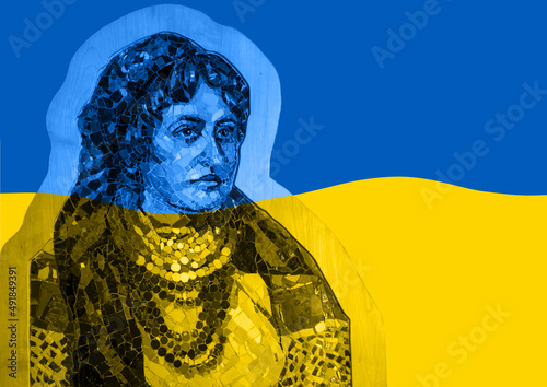 Ukrainian background traditional woman outfit abstract collage. Consider buying as support.