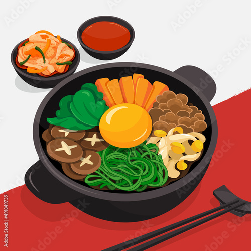 Korean rice bowl filled with assorted vegetables, egg and meat illustration vector. (Bibimbap recipe)