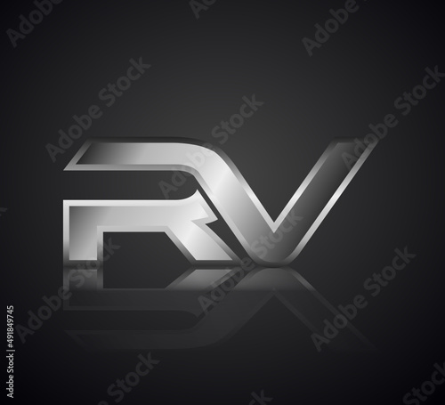 Modern Initial logo 2 letters Silver Metal Chrome simple in Dark Background with Shadow Reflection RV