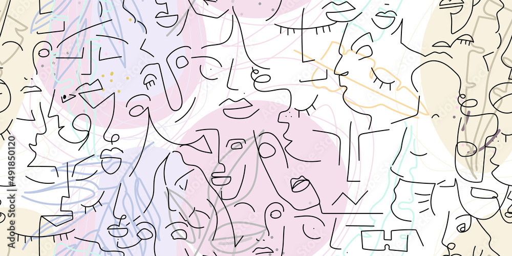One line drawing. Abstract face seamless pattern. One line drawing. Abstract face seamless pattern.