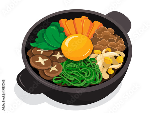 Korean rice bowl filled with assorted vegetables, egg and meat illustration vector. (Bibimbap recipe)