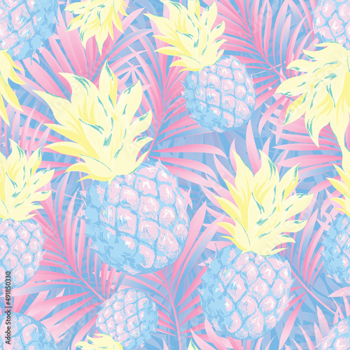 Palm. Seamless pattern with leaves and branches of tropical tree plants. Vector image. 