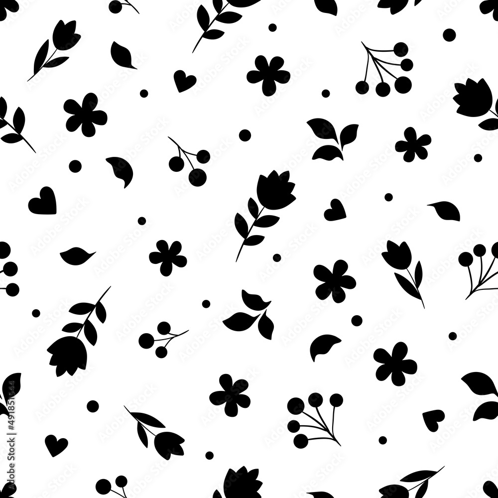 Black flowers, leaves, berries and  hearts on a white background. Spring doodle simple pattern. Suitable for wrapping paper, textile.