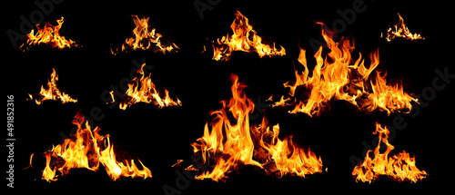Set of 10 images of flames in the form of dragons and strange waves isolated on a black background,