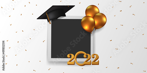 class of 2022 congratulation graduation with golden balloon with photo frame banner template