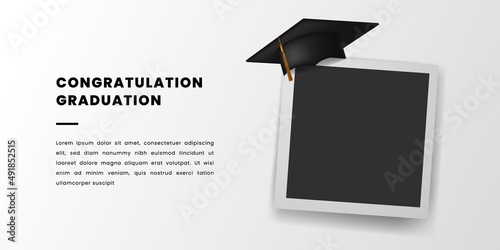 Happy congratulation graduation with graduation cap and photo frame banner for university collage
