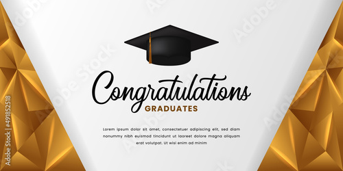 Happy graduation congratulation with 3d graduation cap and golden background for college university banner template