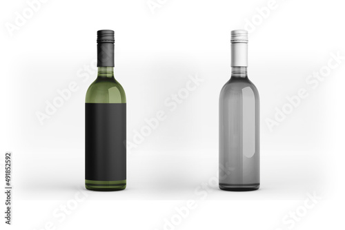 Red wine bottle mockup with empty label isolated on white background. 3d rendering.