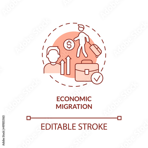 Economic migration terracotta concept icon. Moving to find work. Relocation reason abstract idea thin line illustration. Isolated outline drawing. Editable stroke. Arial, Myriad Pro-Bold fonts used